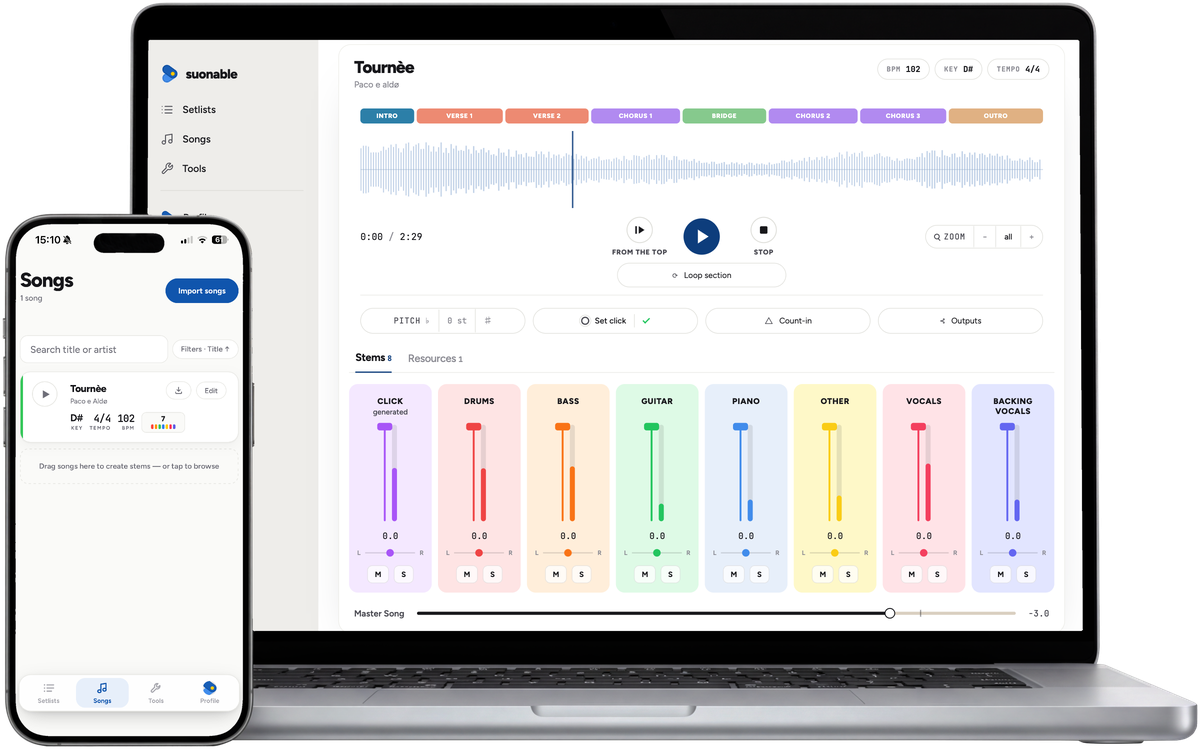 Suonable's song player on a MacBook and the song library on an iPhone
